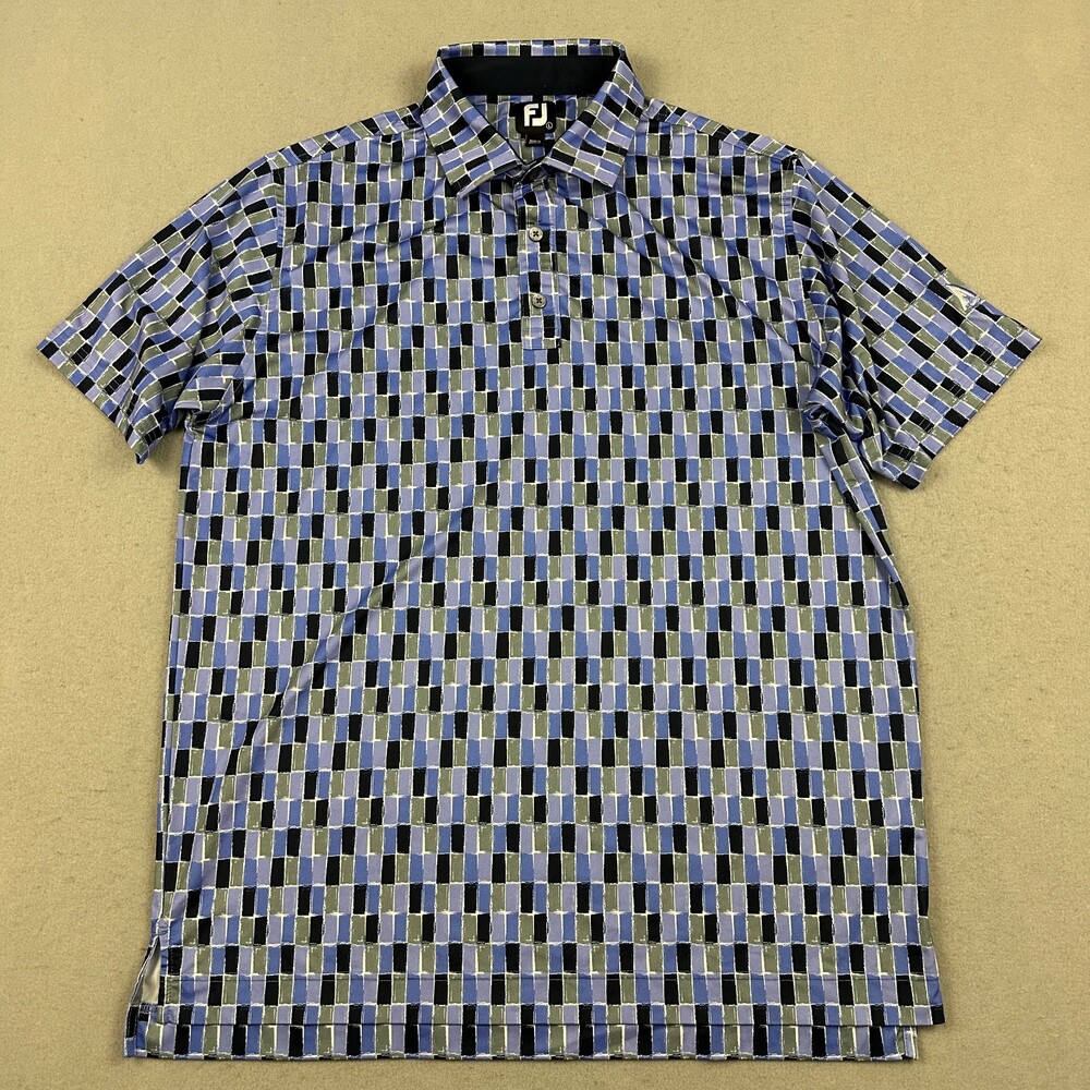 FootJoy Polo Shirt Men Large Blue Geometric Rectangle Grid Golfer Short Sleeve L